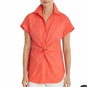 RALPH LAUREN Womens Coral Front Twist Short Sleeve Collared Top Size: XL